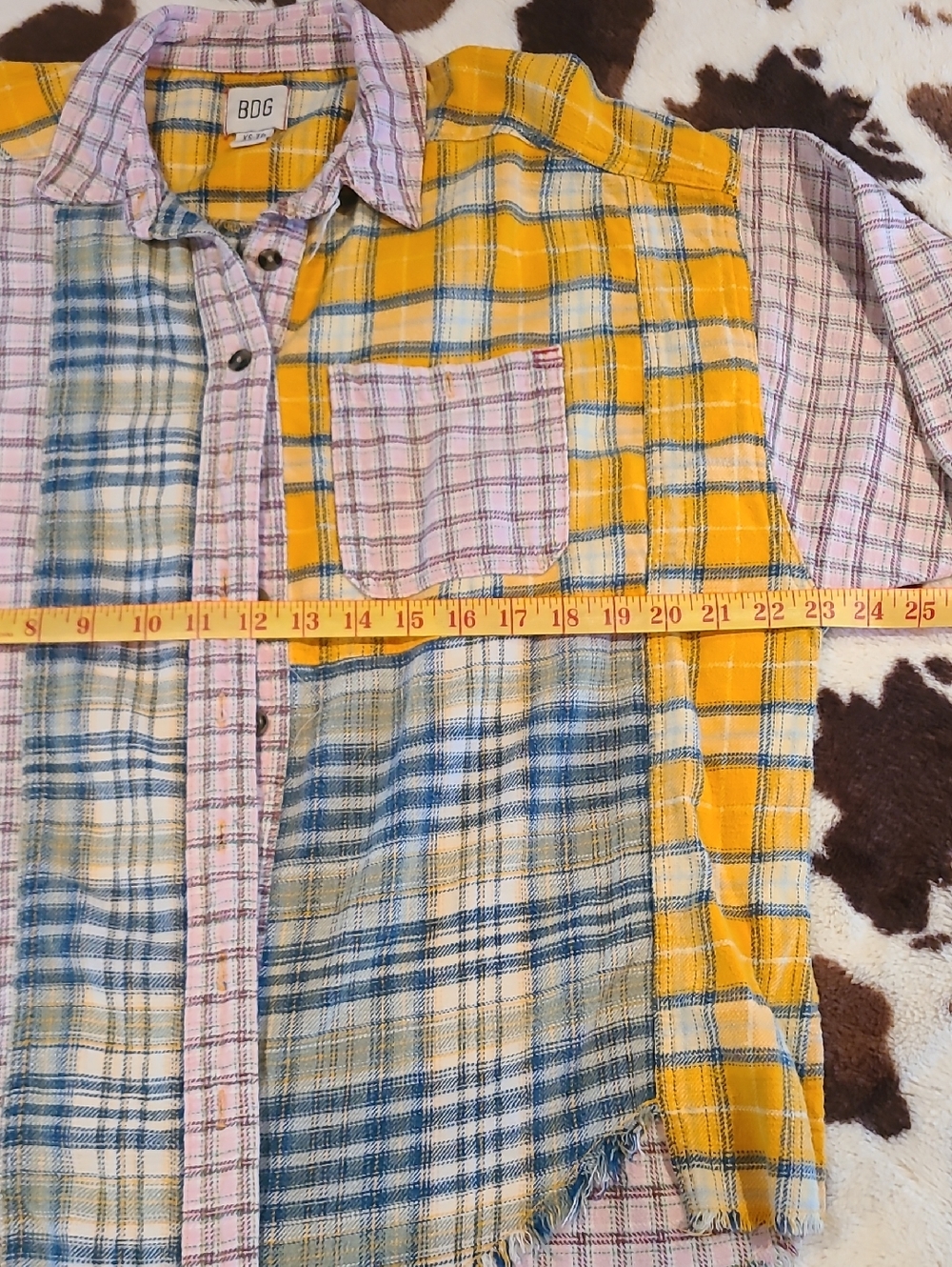 BDG Patchwork Plaid Button-Up Shirt in Yellow, Pink & Green - Picture 8 of 9